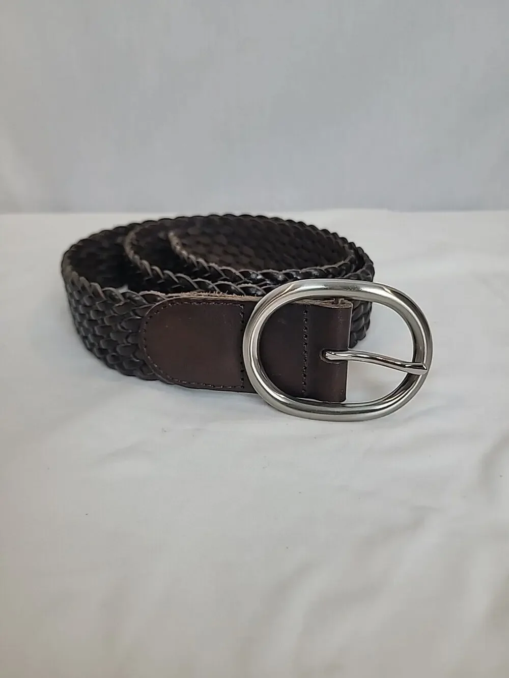 Talbots Leather Braided Belt Oval Silver Tone Buckle #6113 Size Small Brown